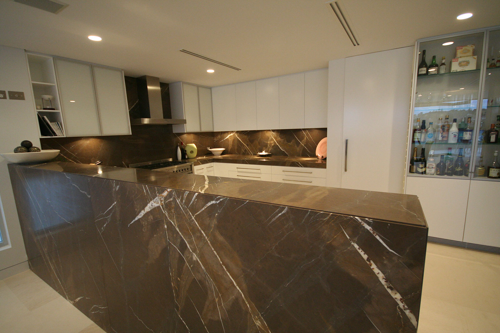 marble stone kitchen benchtop with beautiful water fall ends